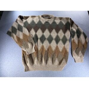 Vintage Liberty Sweaters Argyle Knit Pullover USA Made Tan Green Brown Mens M